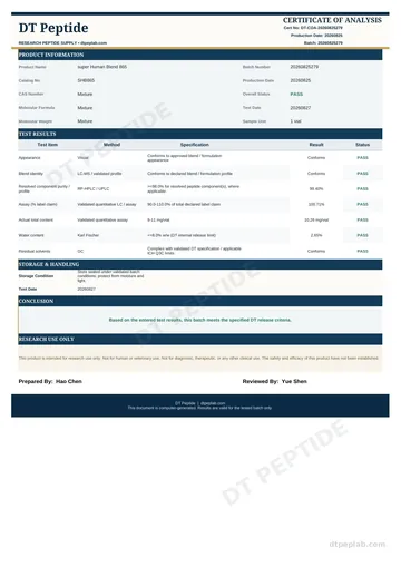 SHB865 COA